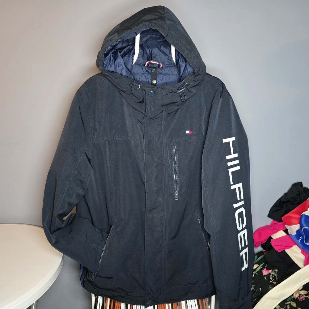 Tommy Hilfiger Hooded Coat w/Sleeve Logo-Mens LARGE-Black-Winter,parka,jacket